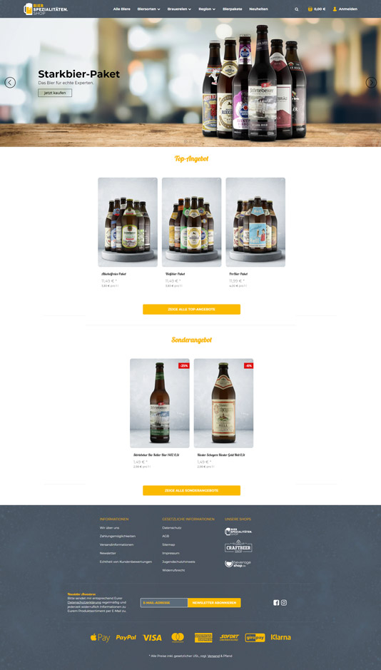 Screenshot eines Bierspezialitäten-Shops mit elegantem JTL-Shop Template