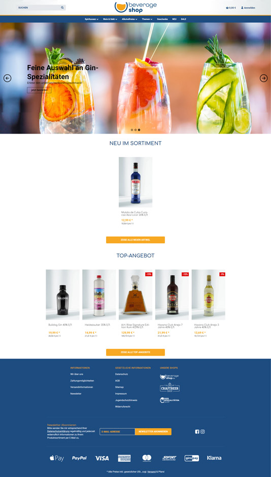Screenshot eines Online-Shops für BEVERAGE mit exotischem JTL-Shop Design