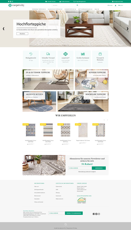 Screenshot eines Onlinehandels für Teppiche mit überraschende klaren und ansprechendem JTL-Shop Design