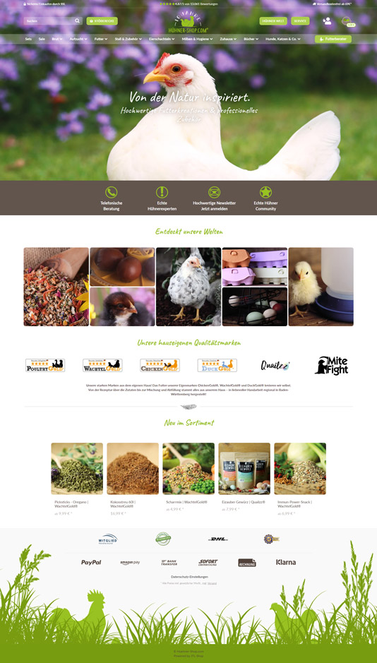 Screenshot eines Hühnerbedarf-Online-Shops mit JTL-Shop Design