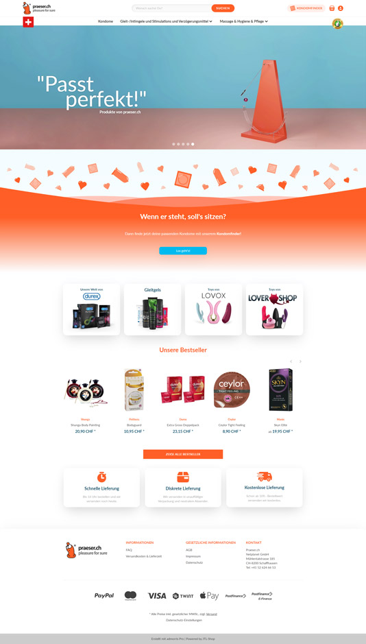Screenshot eines Kondom-Online-Shops mit funktionsreichem JTL-Shop Design , admorris.pro