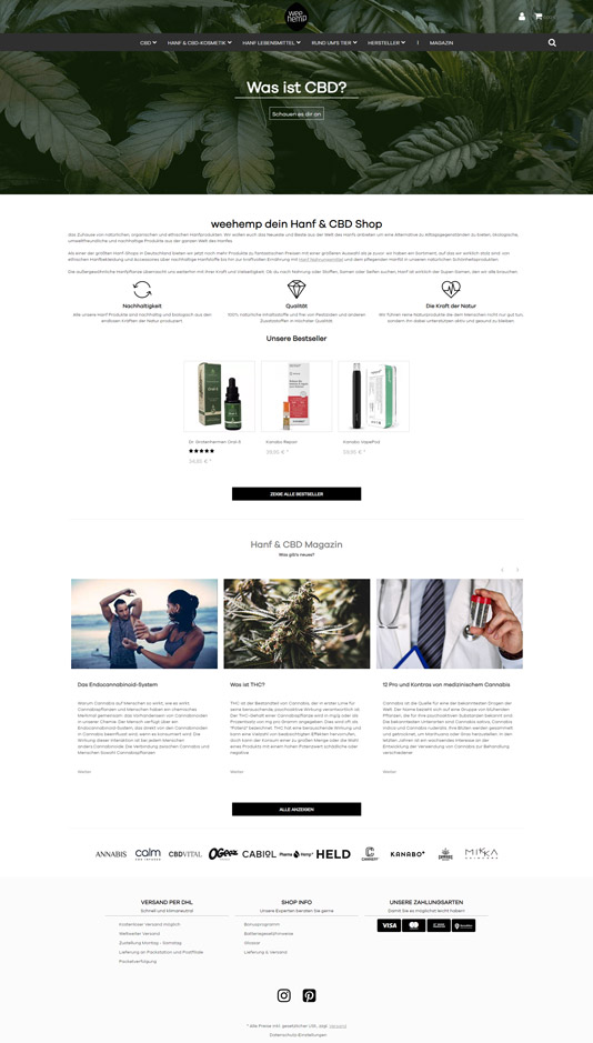 Screenshot eines WeeHemp-Online-Shops mit innovativem JTL-Shop Design von admorris.pro